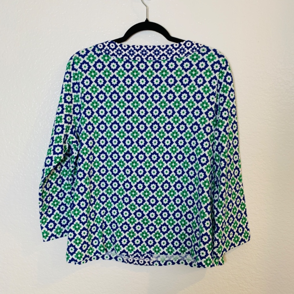 Boden Geometric Top US 12 Blue Green Tassel Tie Long Sleeve Preppy Casual Cotton - Picture 10 of 14